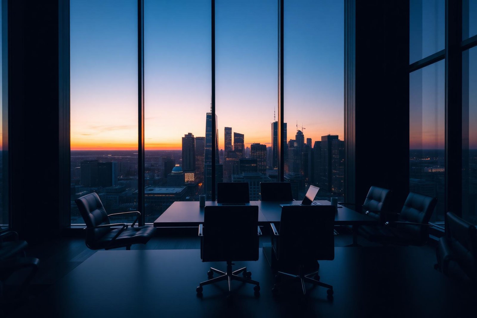 Executive boardroom overlooking city skyline